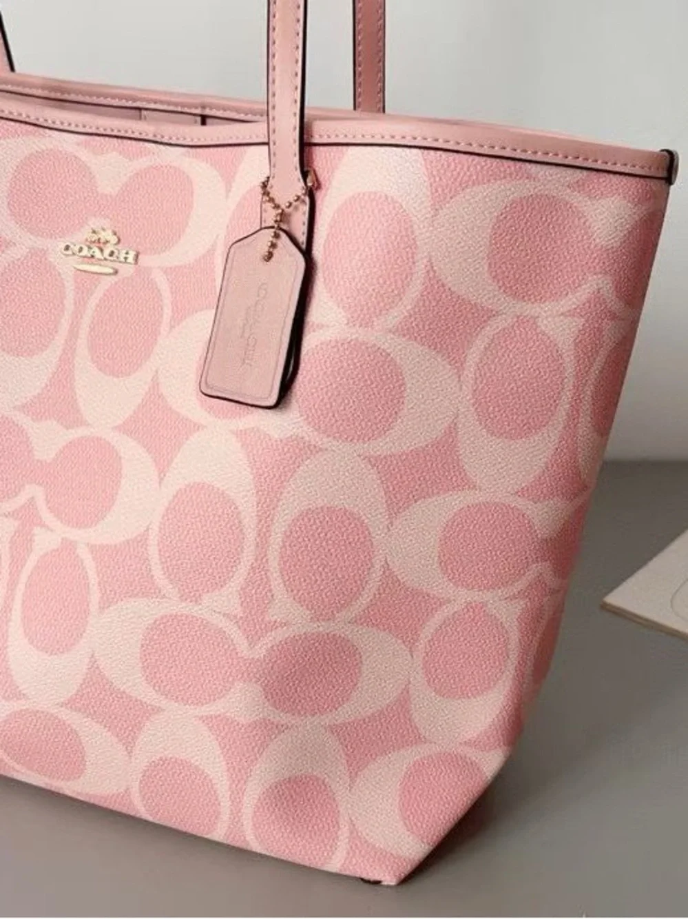 Coach Pink Signature Canvas Tote with Leather Handles